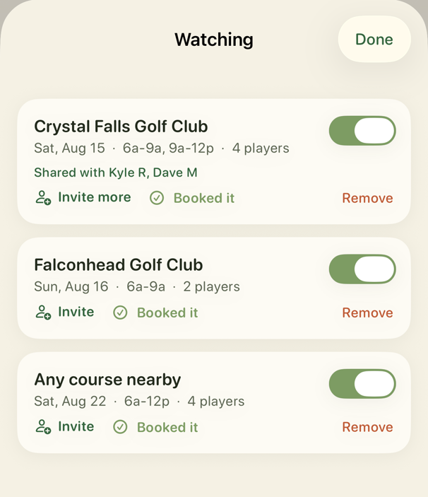 Alerts listing tee times that just opened at nearby courses